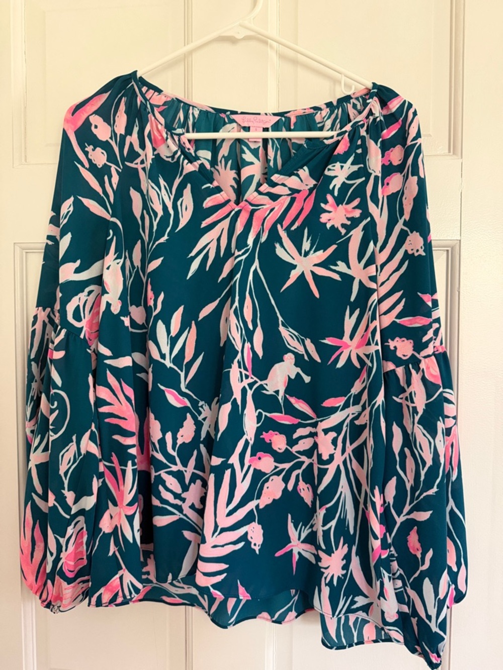 Lilly Pulitzer Teal Floral-Print Long-Sleeve Blouse with Pink Accents